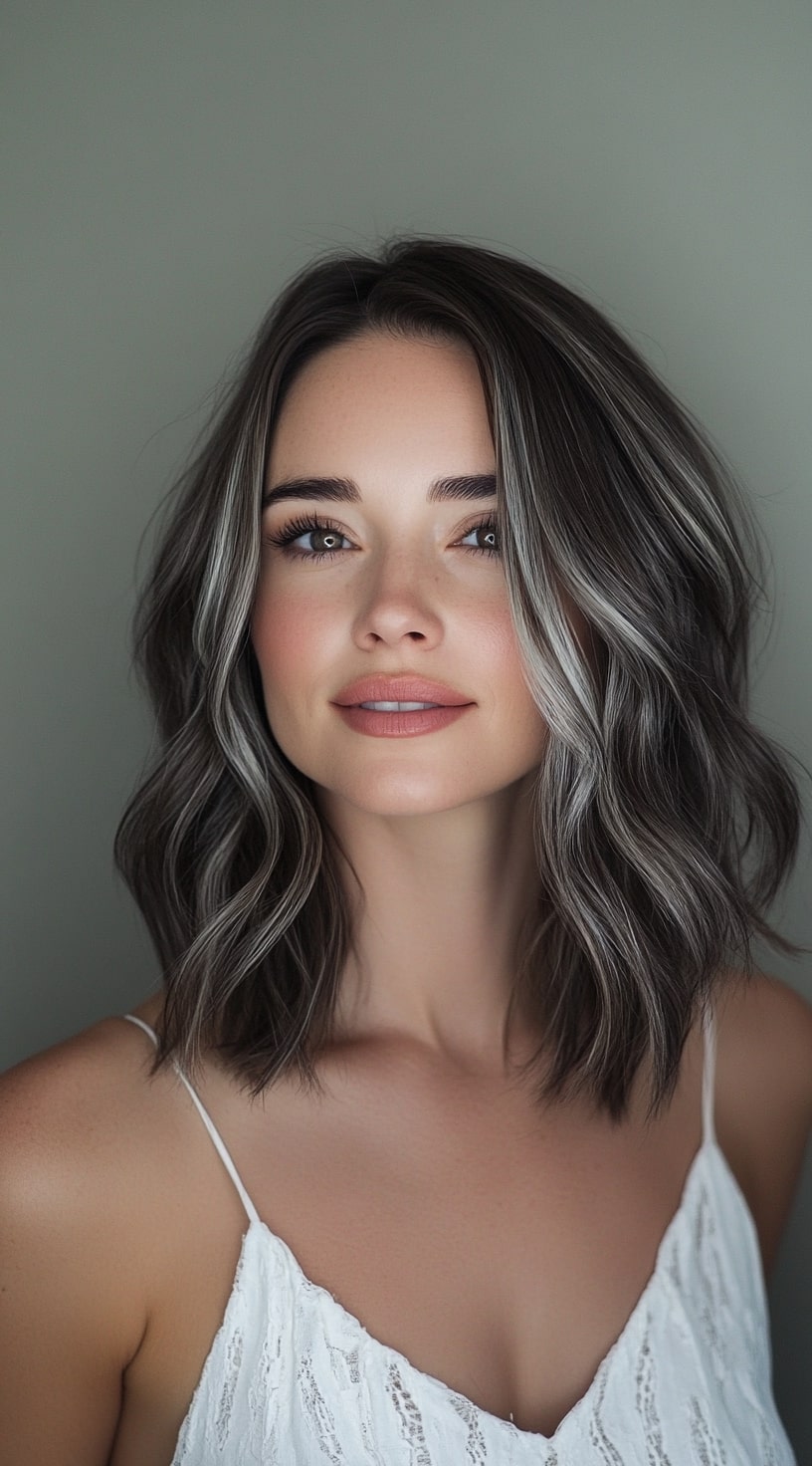 11. Textured Brown Hair with Face-Framing Silver Highlights