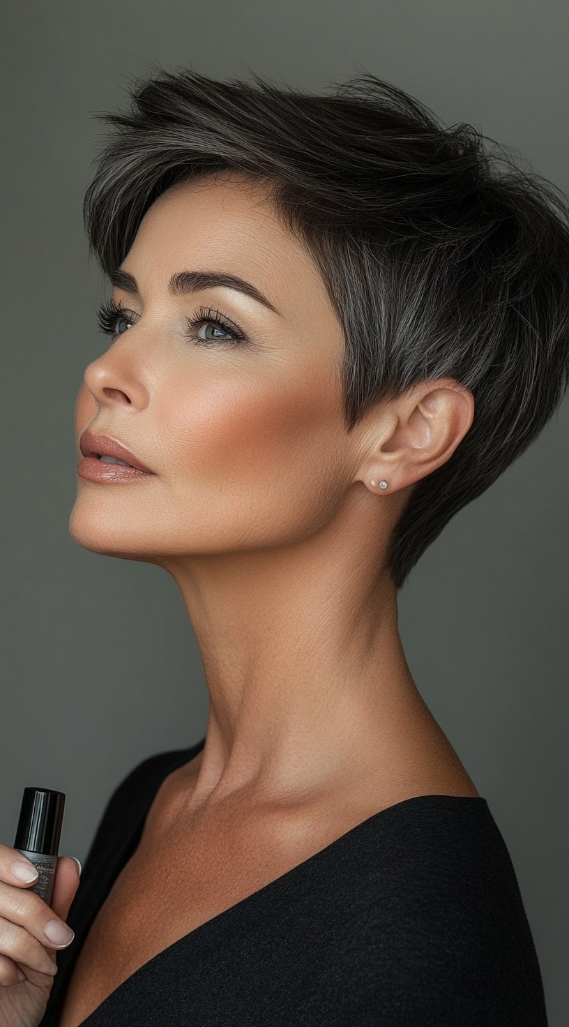 13. Short Pixie with Dark Brown and Silver Tones