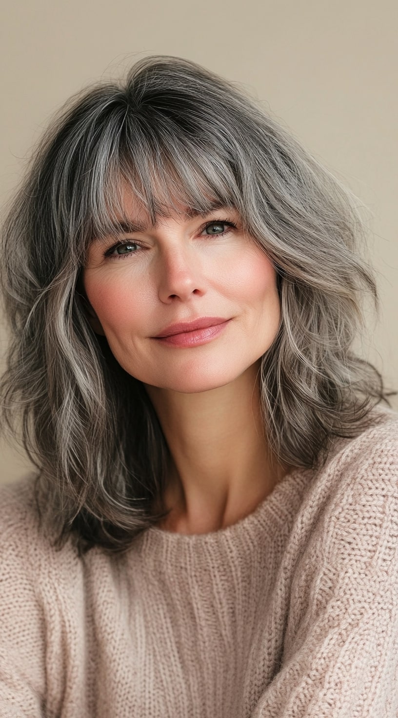 18. Soft Waves with Silver Highlights and Bangs