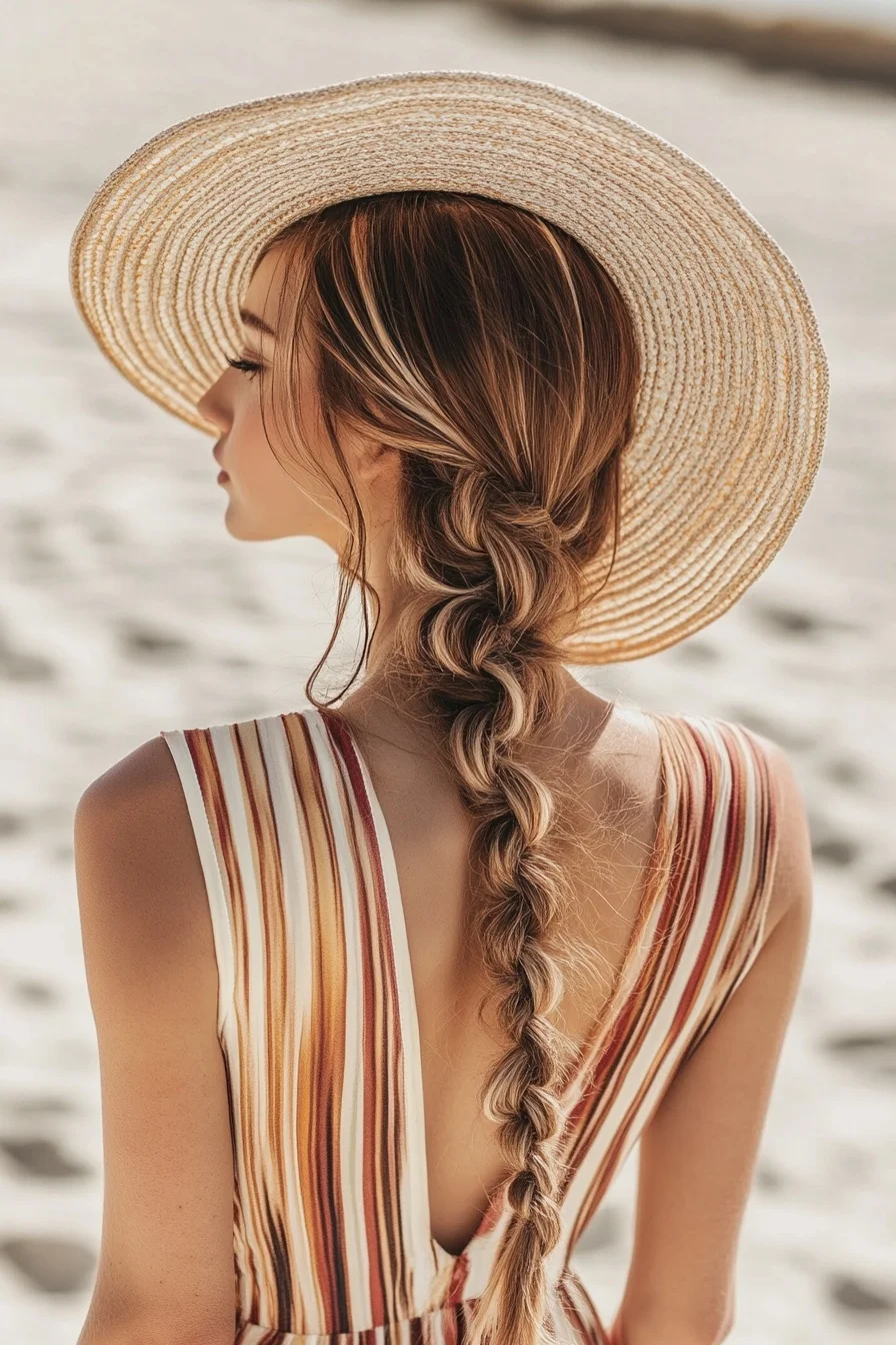 5. Relaxed Beach Braid with Sun Hat