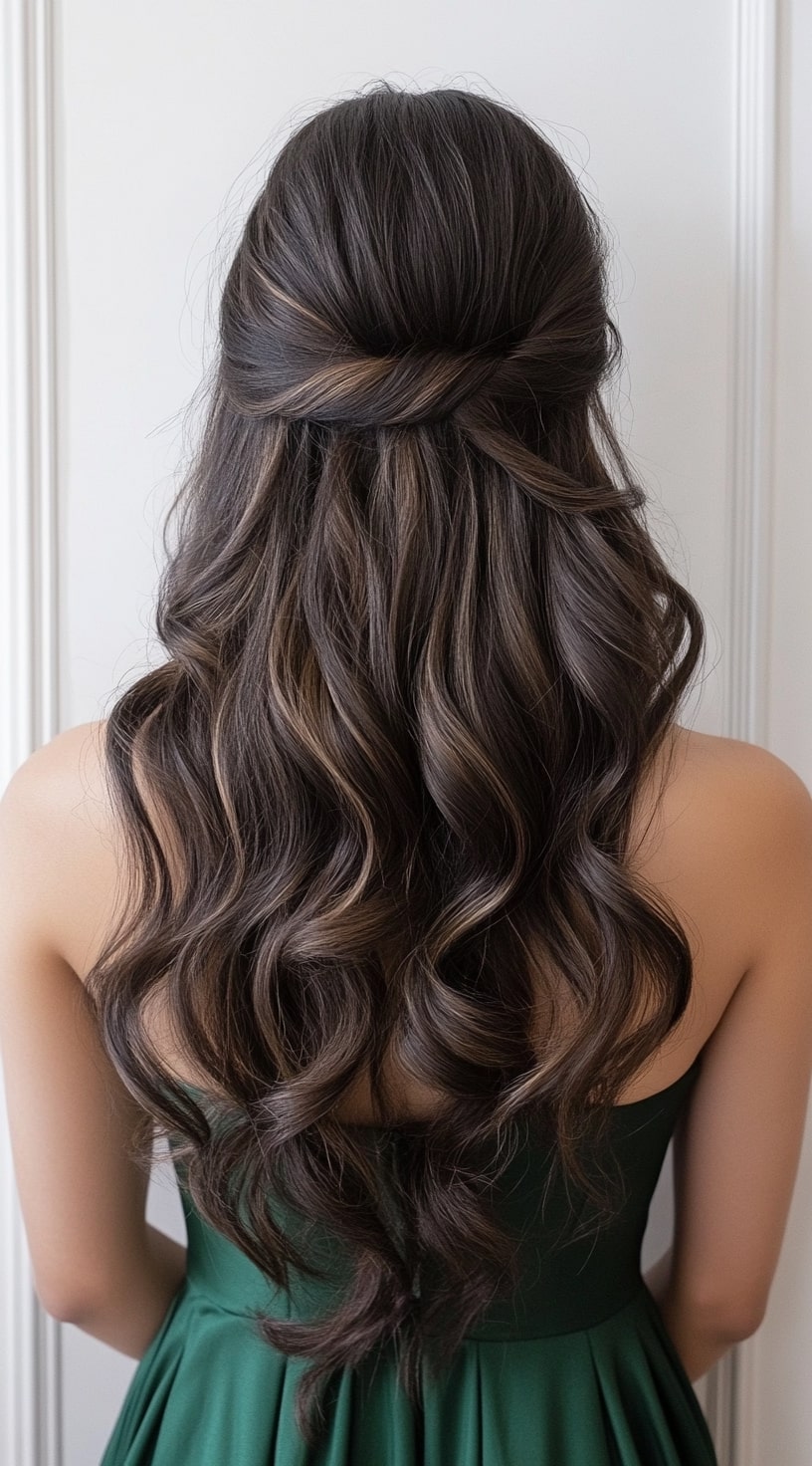 Half-Up Half-Down Voluminous Curls with Subtle Caramel Highlights