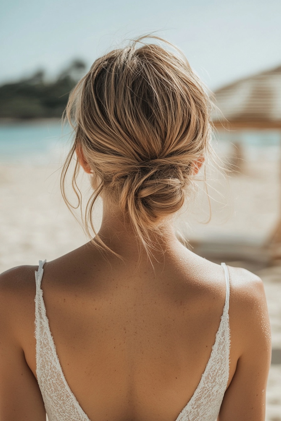 13. Messy Low Bun with Beachy Texture