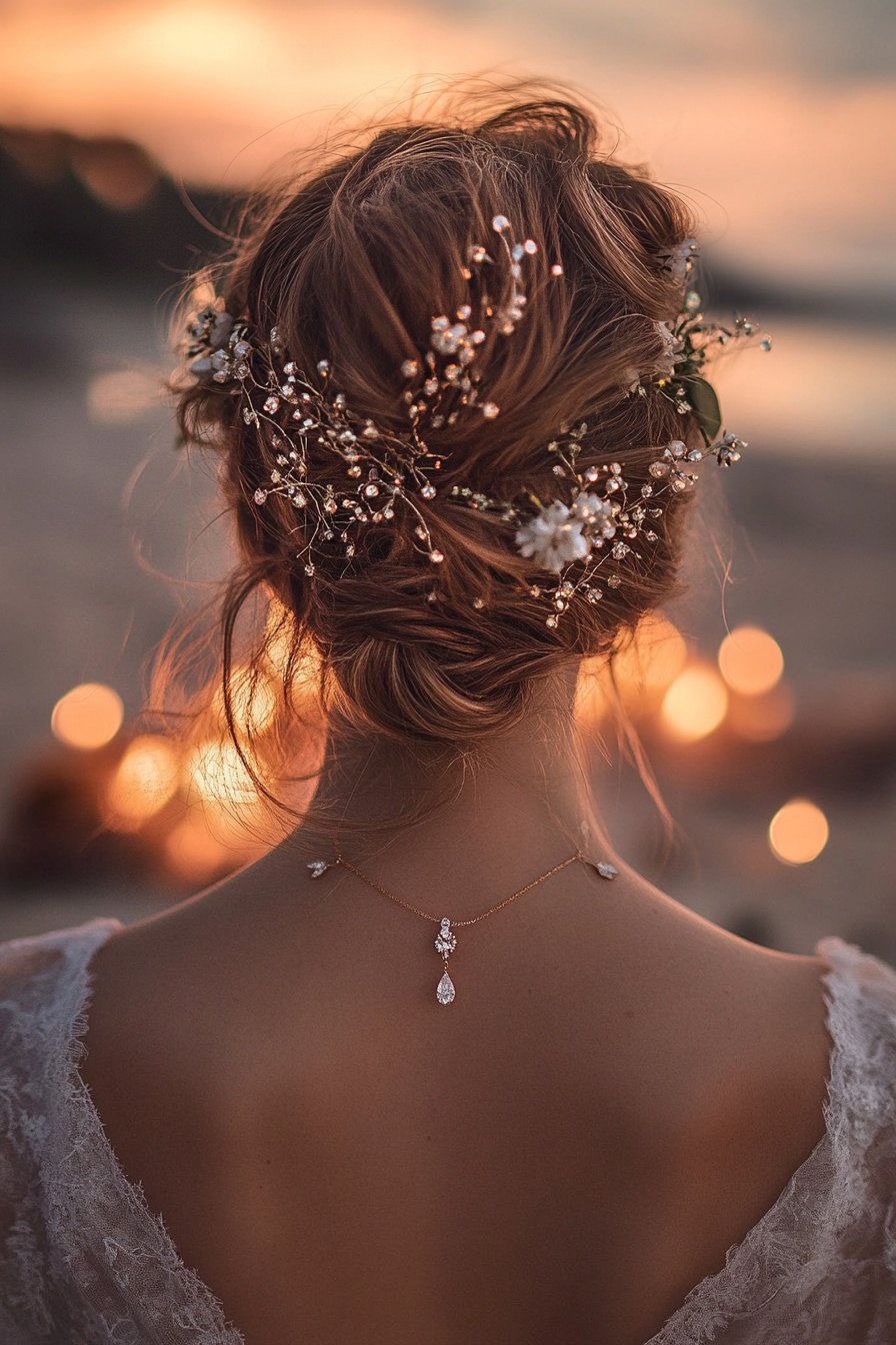 17. Ethereal Floral Updo with Delicate Pearls