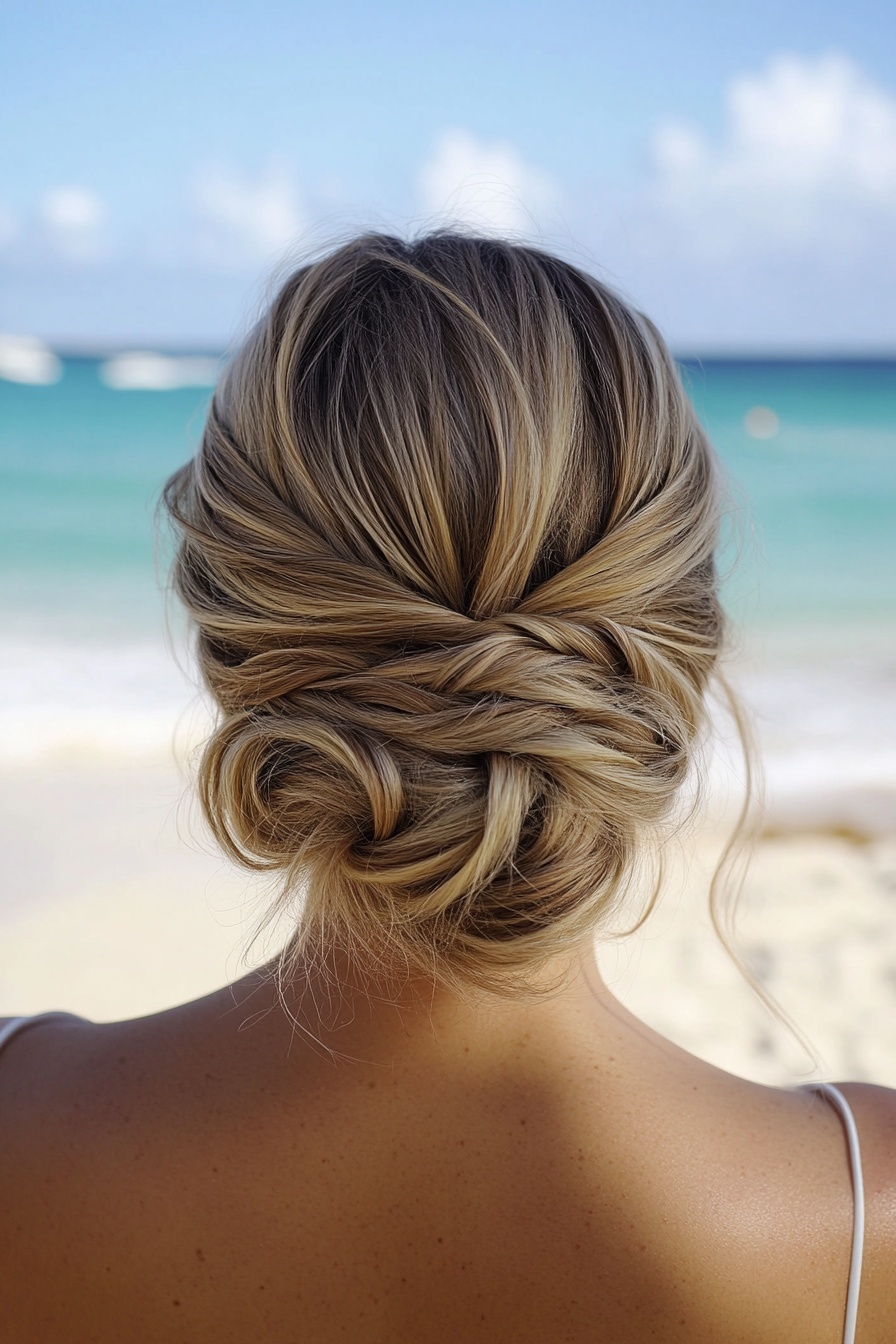 18. Chic Twisted Low Bun for Beach