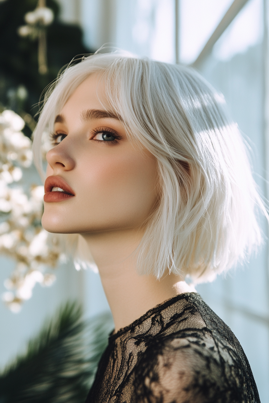 Angled Shoulder-Length Lob with Platinum Color