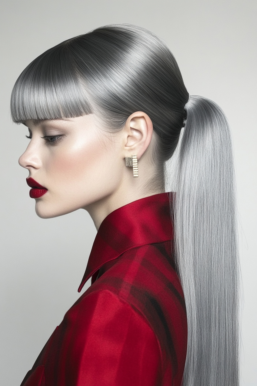 Blunt Cut Sleek Ponytail with Blunt Bangs