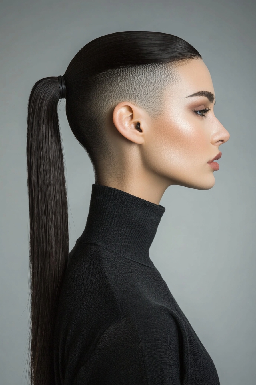 Bold Shaved Sides with Straight Sleek Ponytail