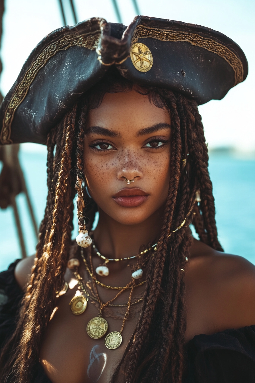 Box Braids with Decorations and a Pirate Hat