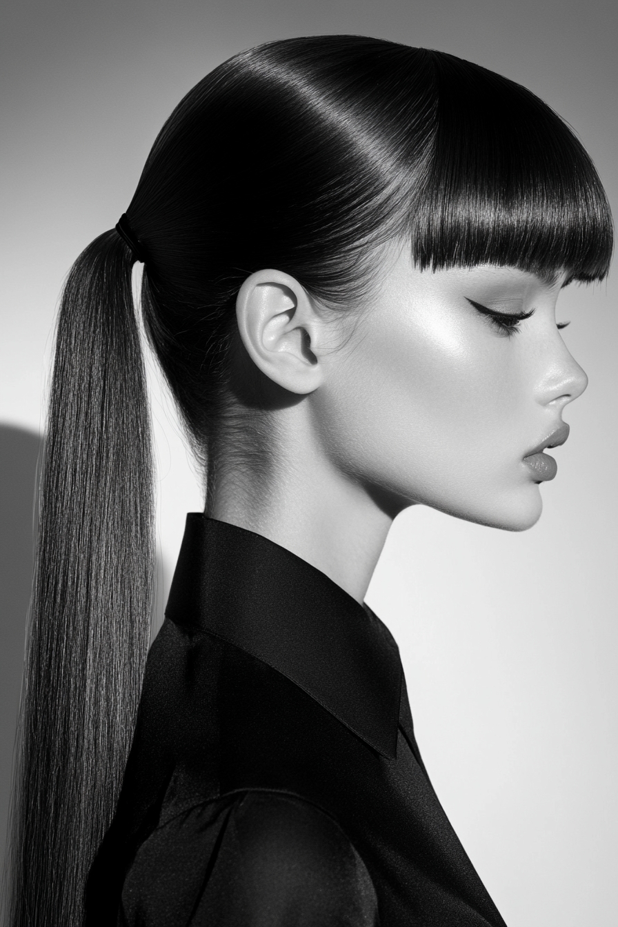 Classic Long High Sleek Ponytail with Long Thick Bangs