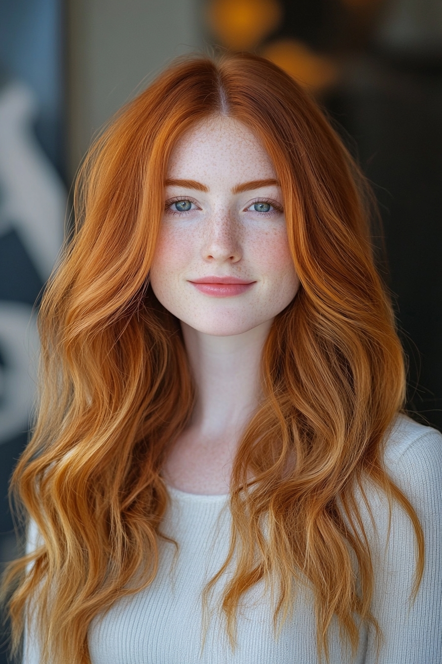 Creamy Copper Balayage with Blonde Highlights