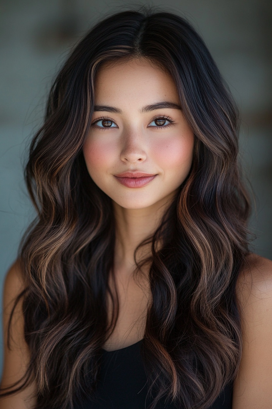 Dark Caramel Balayage on Long, Loose Waves