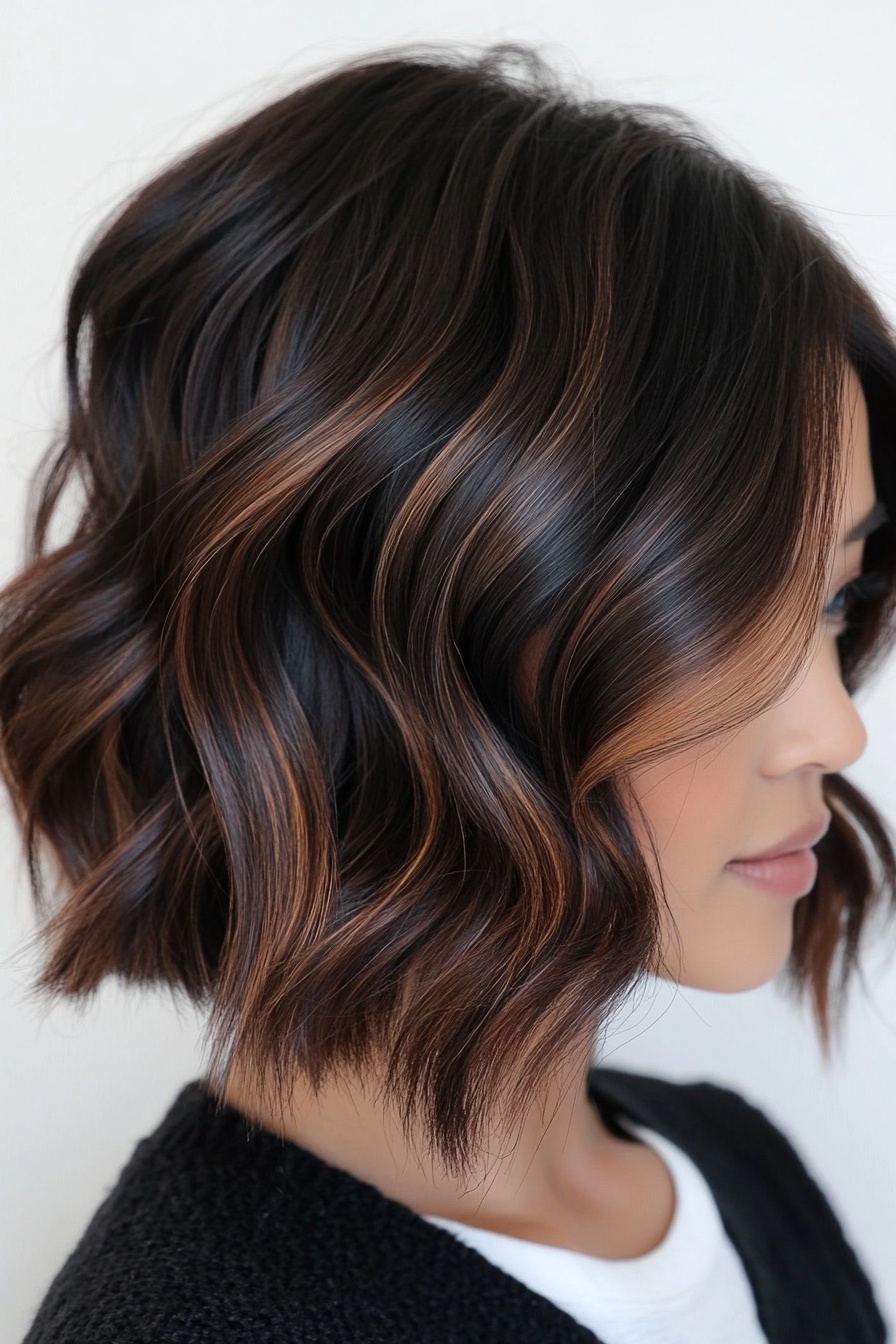Dark Caramel Balayage on Short Wavy Bob
