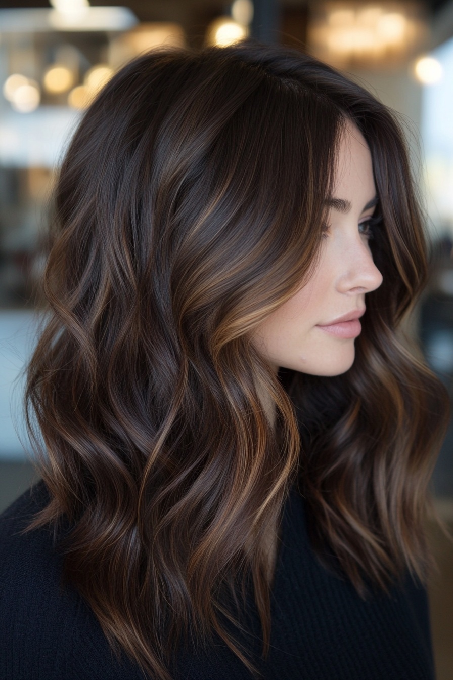 Dark Caramel Balayage on Textured Waves