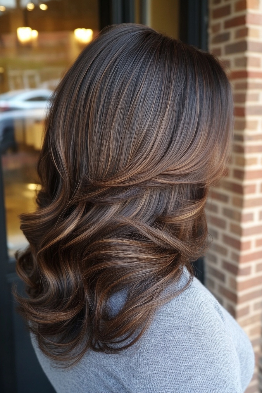 Dark Caramel Balayage with Soft Curls and Subtle Highlights
