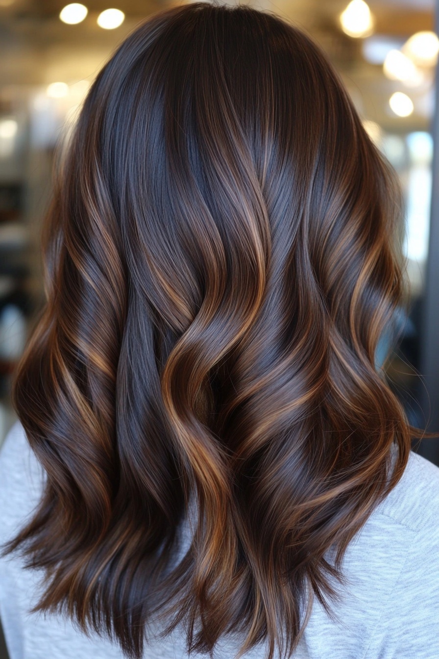 Dark Chocolate Waves with Warm Caramel Balayage