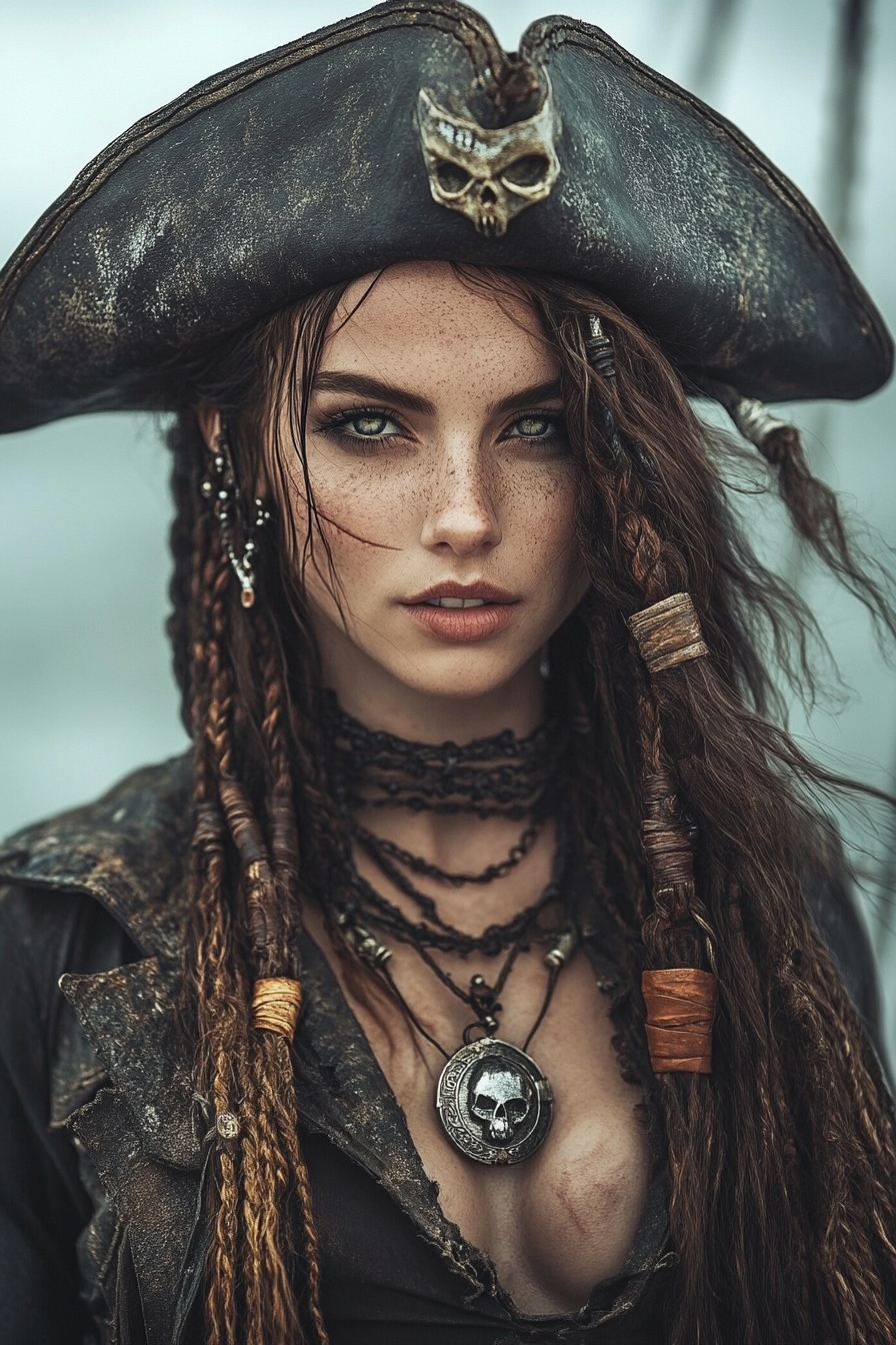 Edgy One-Side Shaved with Long Hair and Braids Topped with a Pirate Hat