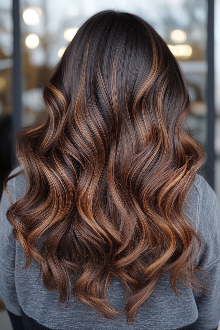 Fiery Red Waves with Caramel Balayage