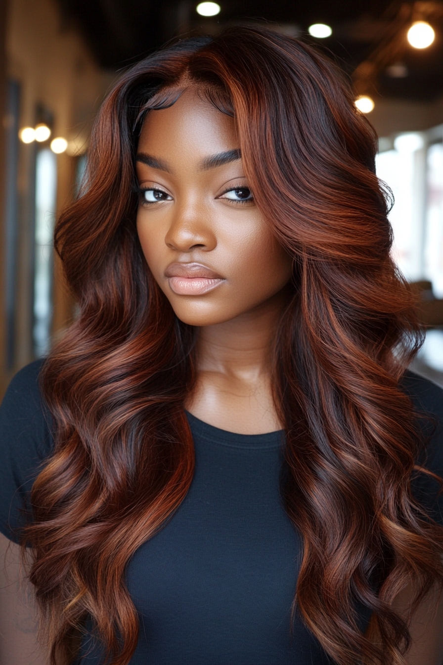 Glossy Copper Balayage with Defined Waves