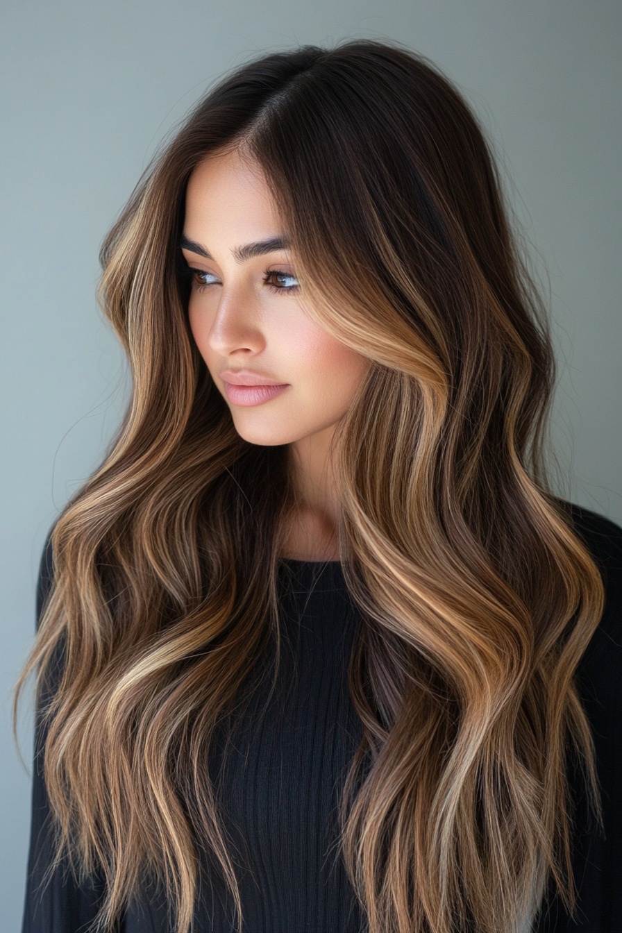 Golden Blonde Balayage on Long Brunette Hair