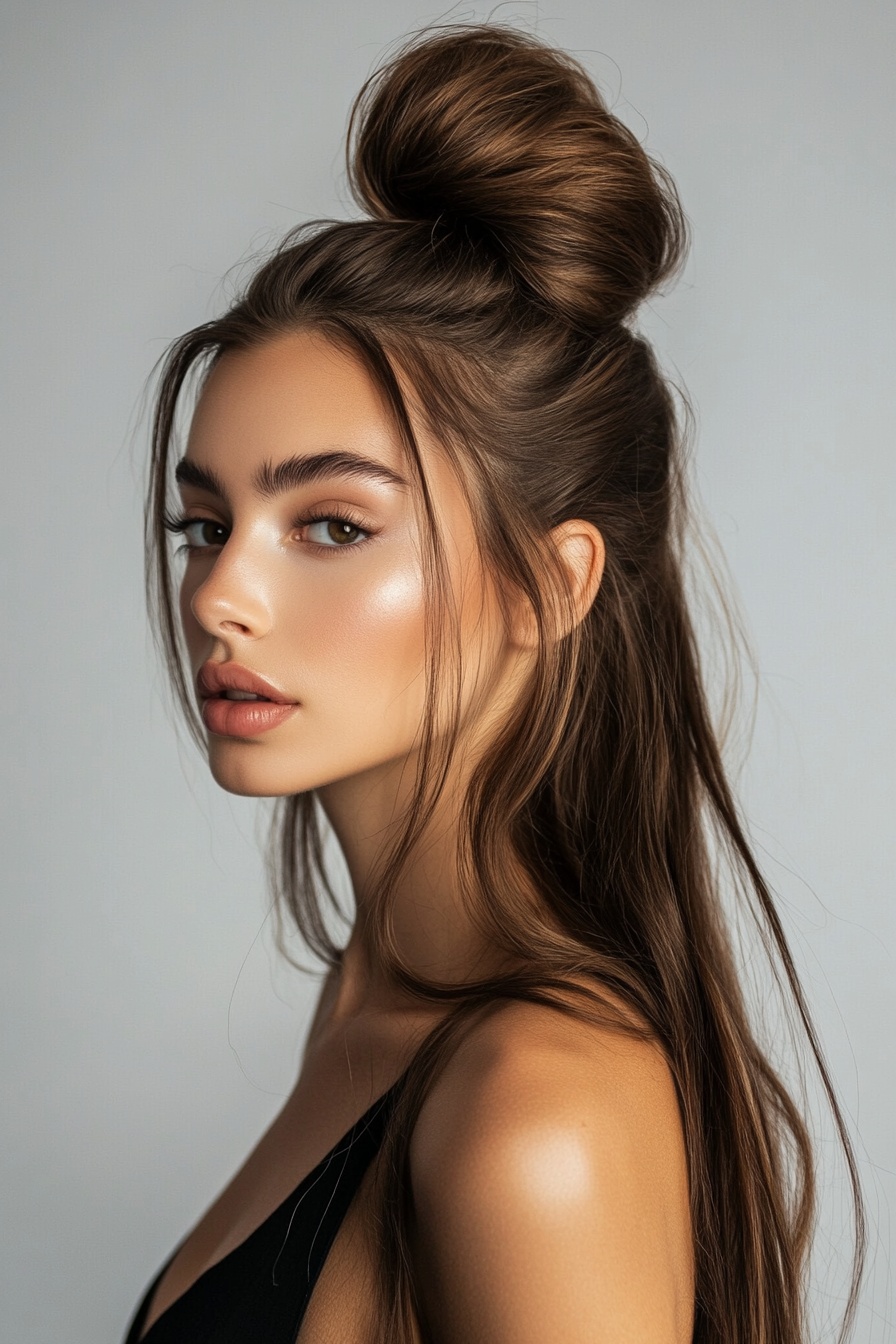 Half-Up Half-Down Straight Hair with High Bun