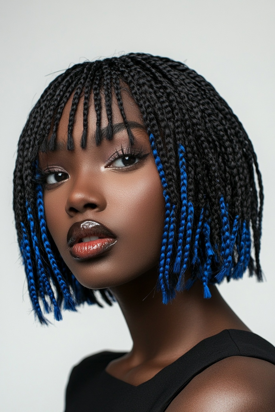 Layered Mini Crochet Twists with Bangs and Blue Highlights