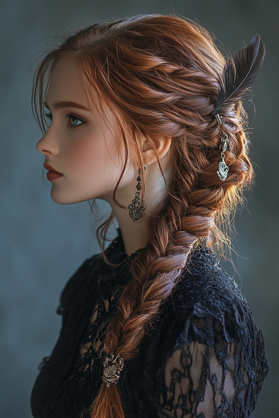 Loose Cascading Braid Adorned with Feathers