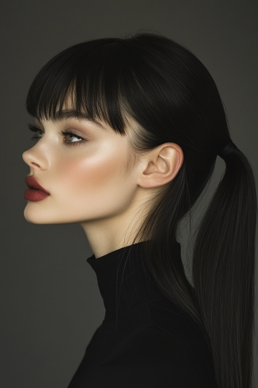 Low Sleek Ponytail with Long Blunt Bangs and Face-Framing Tendrils Ideal for Round Faces