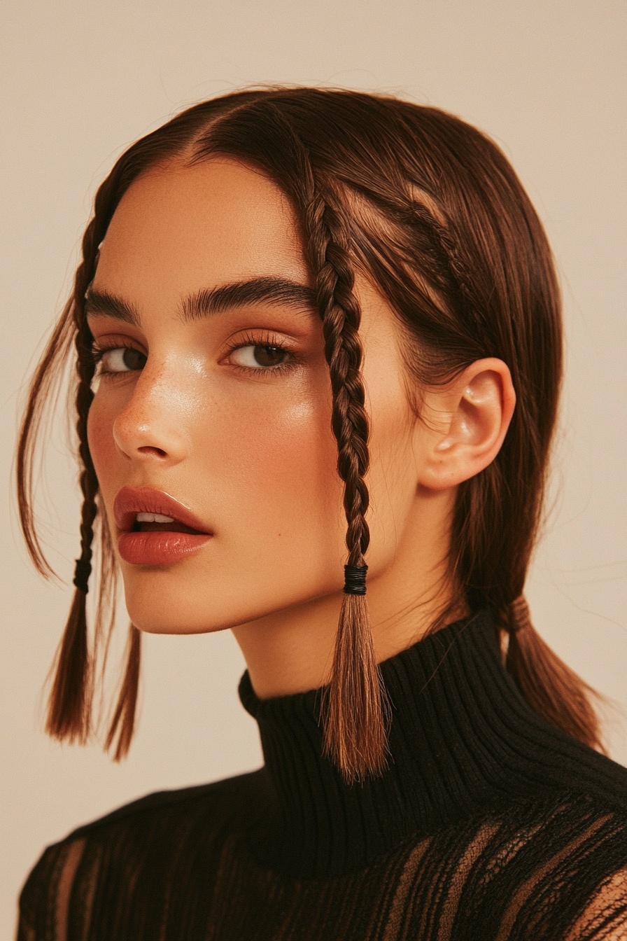 Middle-Parted Mini Braids Lob Ideal for a Round Face