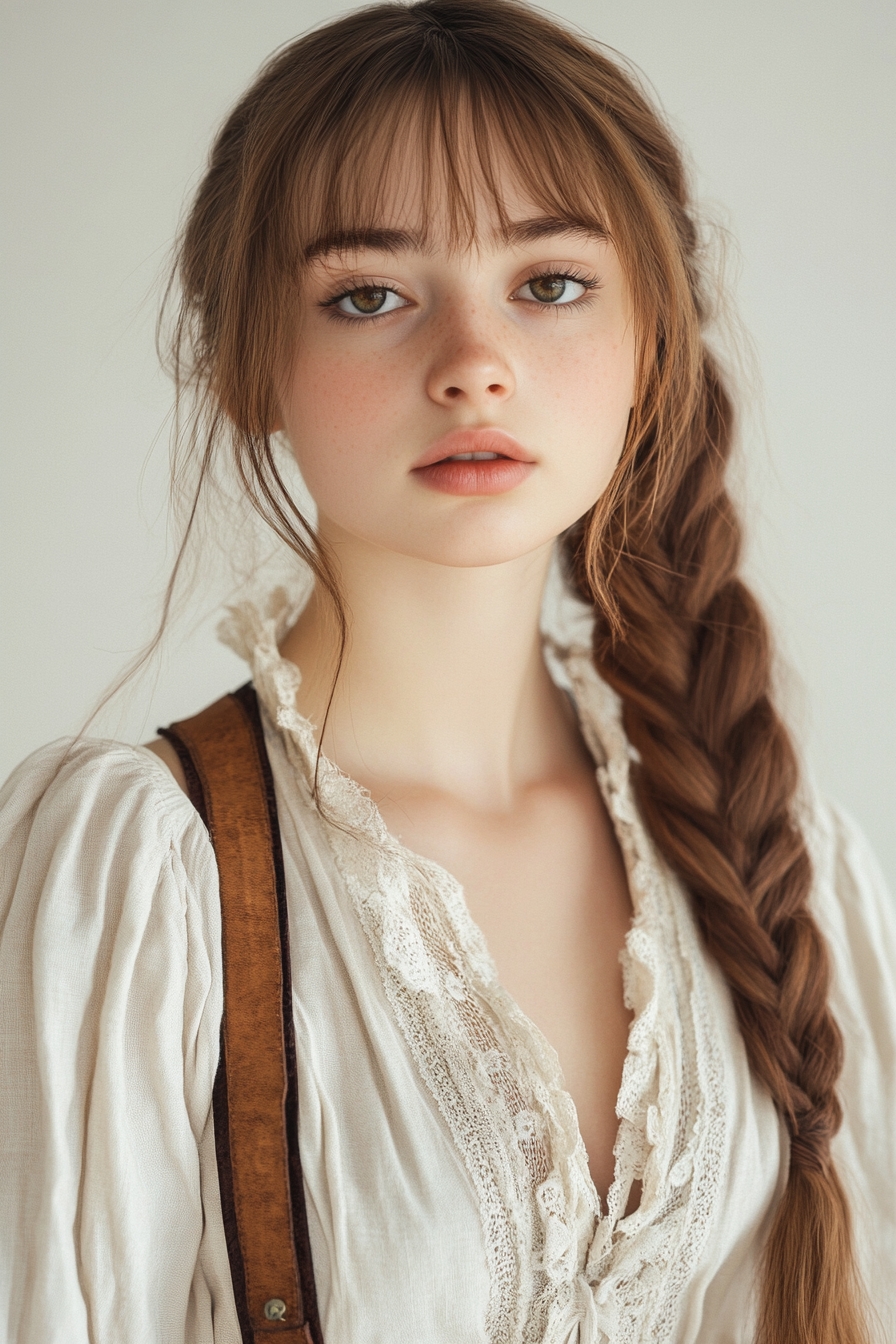 Pirate Apprentice Low Braided Ponytail with Wispy Bangs and Framing Tendrils
