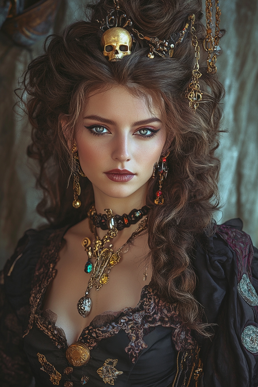 Pirate Fortune Teller Soft Curls Half-Up Half-Down with Centerpiece Skull Accessory and Other Hair Trinkets