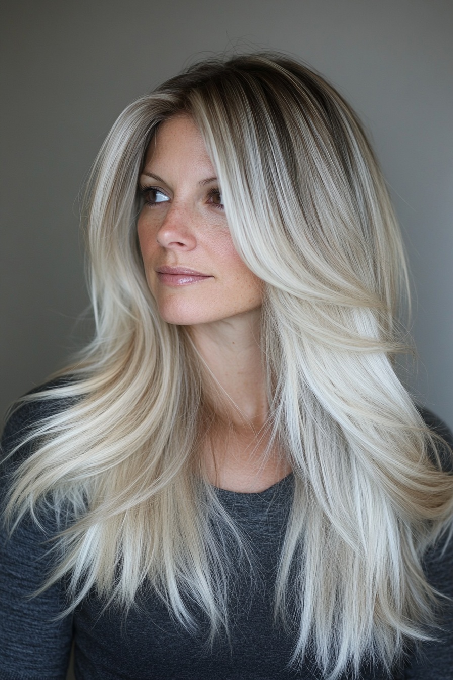 Platinum Blonde Balayage with Dark Roots