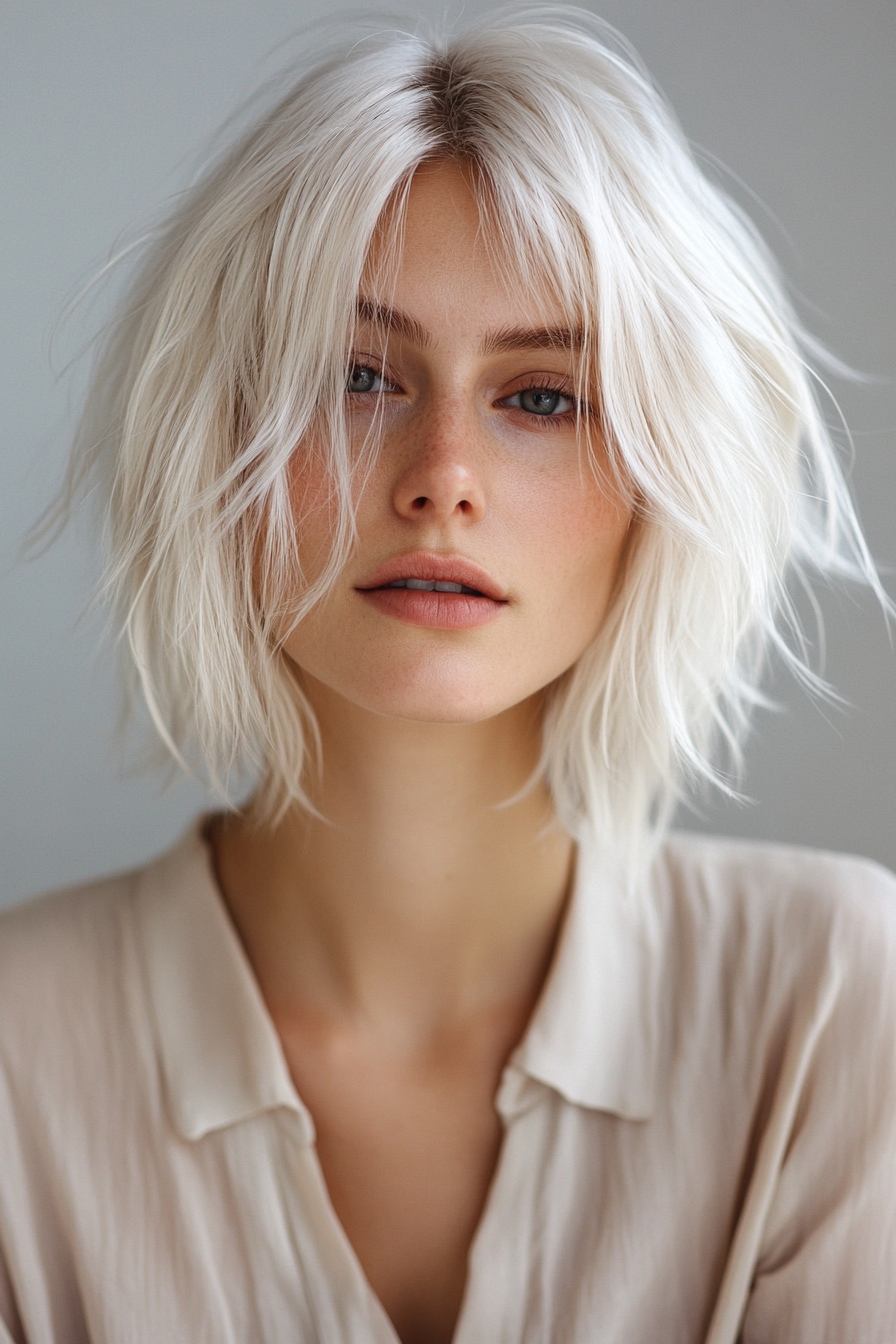 Platinum Shaggy Bob with Feathery Ends
