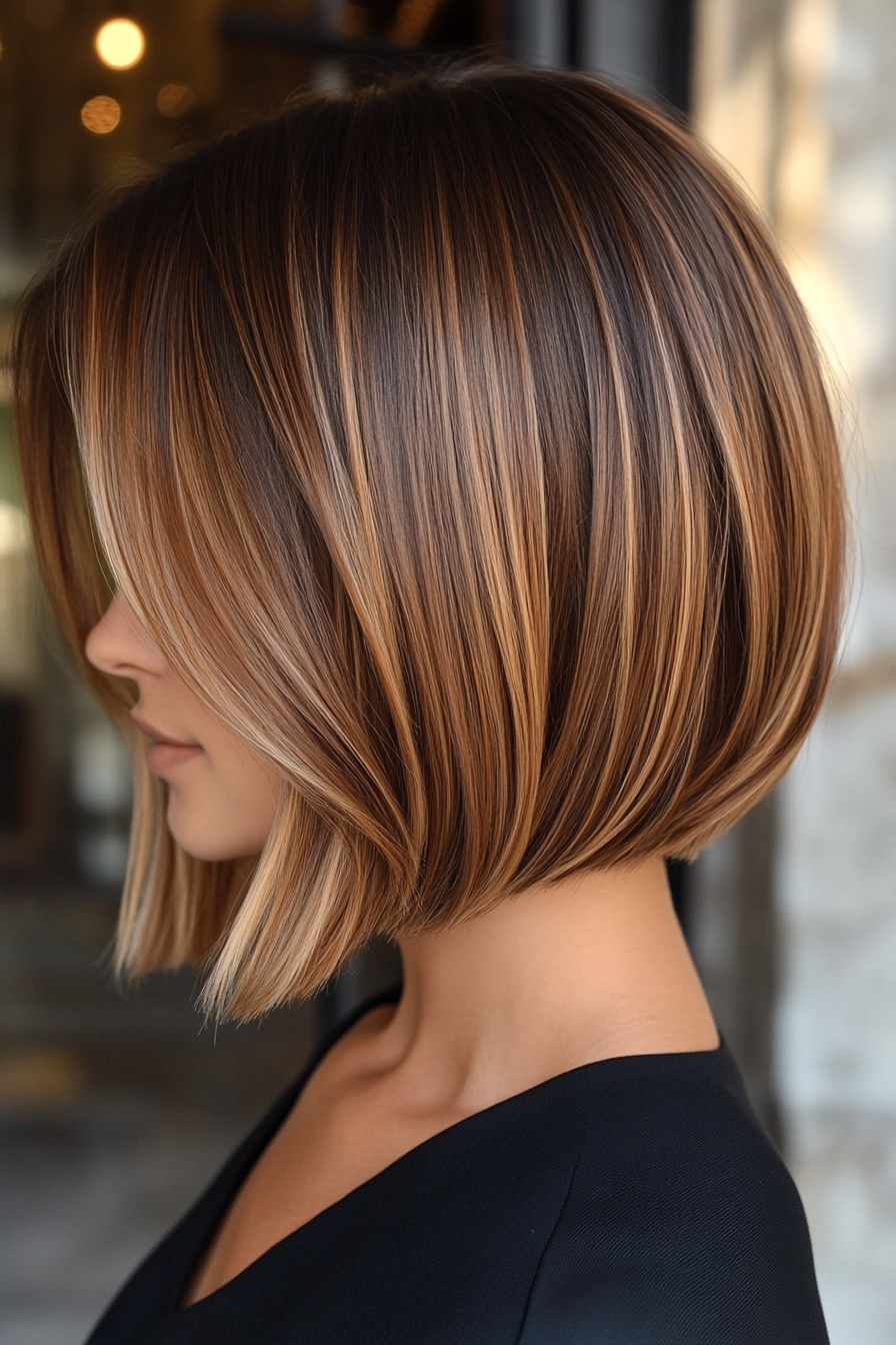 Short Bob with Warm Caramel Balayage and Honey Highlights