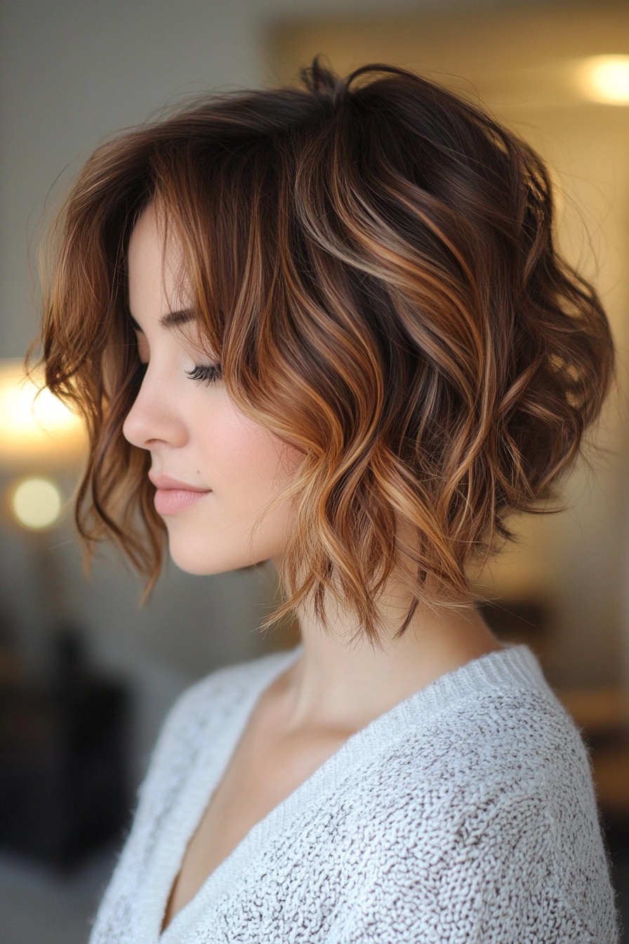 Short, Messy Curls with Honey-Toned Caramel
