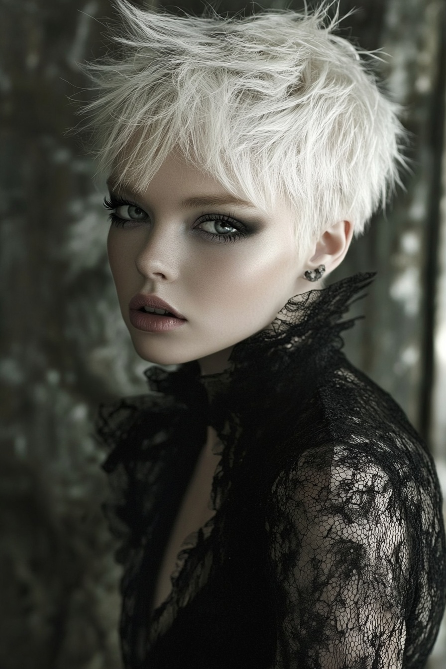 Short Platinum Blonde Pixie with Dramatic Makeup