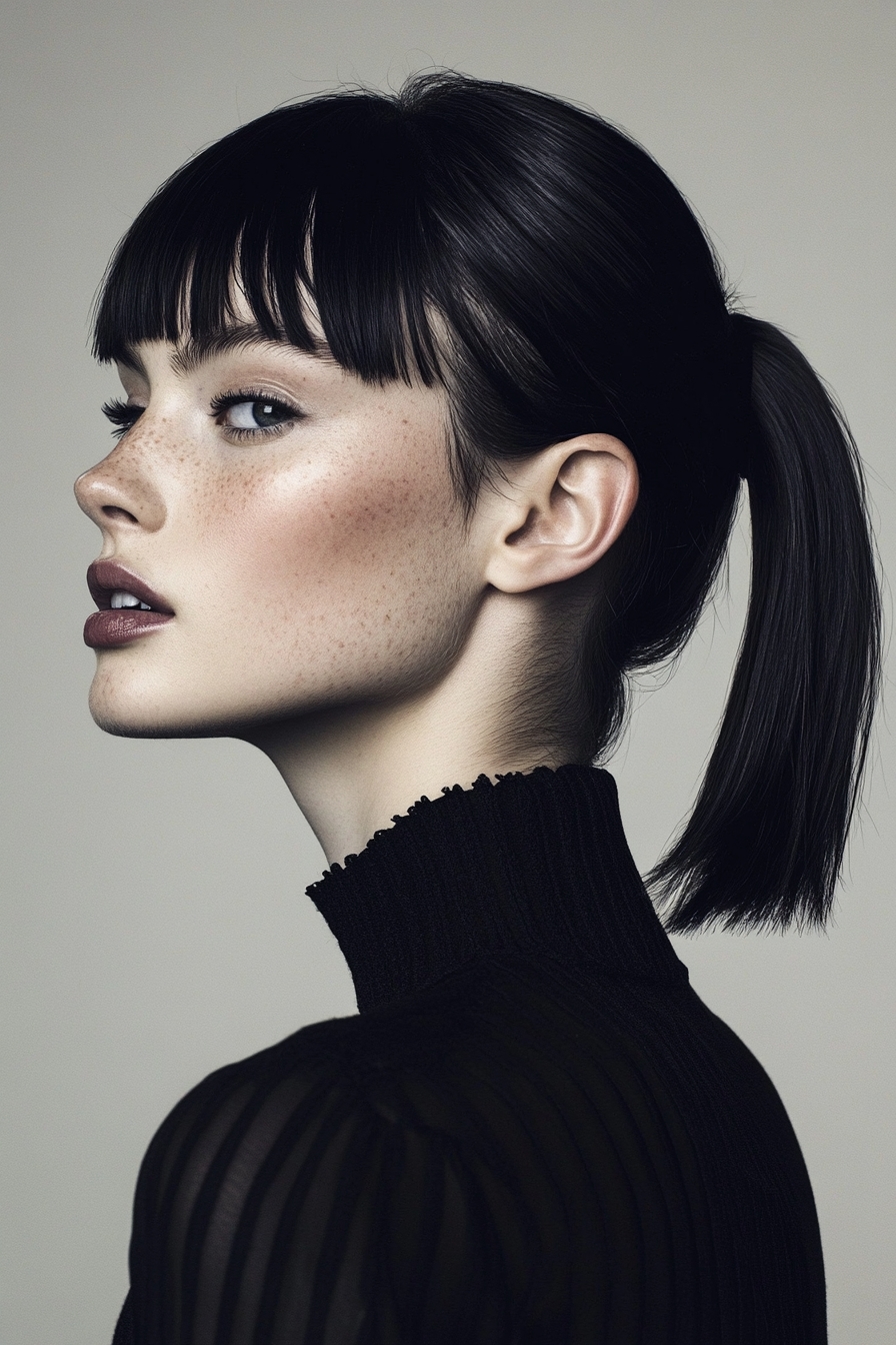 Short Sleek Ponytail with Choppy Bangs