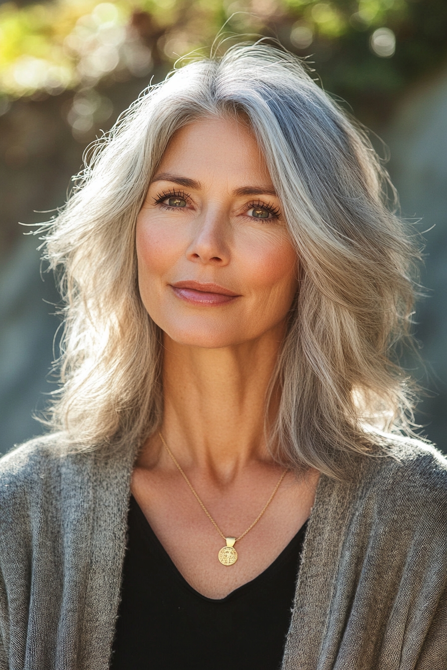 Shoulder-Length Layered Silver Hair