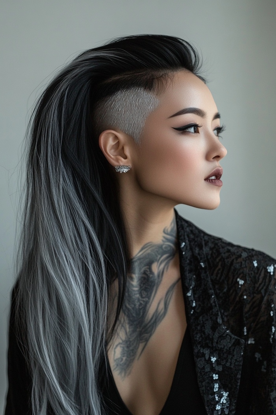 Silver Colored Undercut with Silver Streaks on Black Long Hair