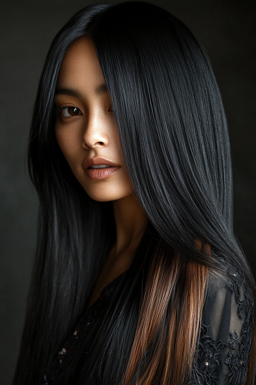Sleek Black Hair with Caramel Ombre