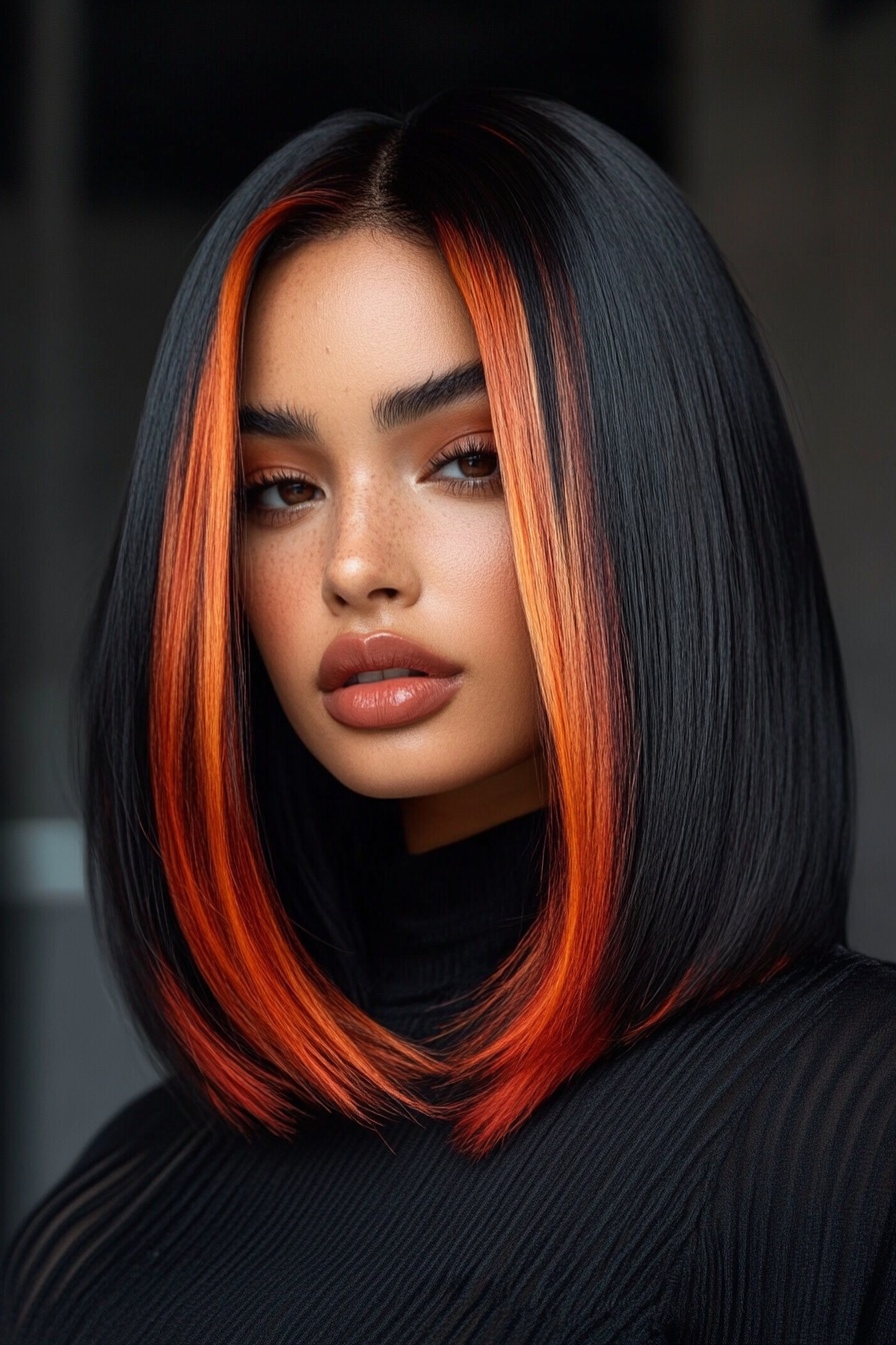 Sleek Black Hair with Fiery Copper Balayage
