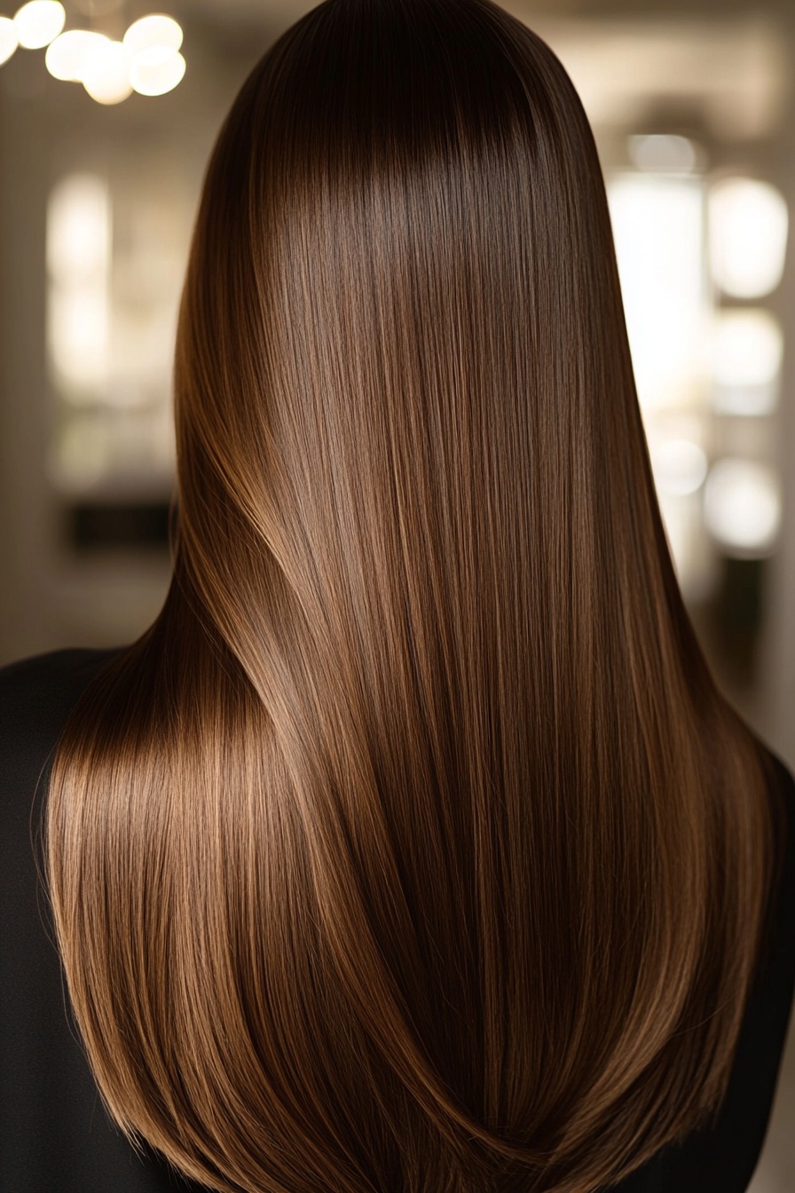 Sleek Dark Caramel Balayage on Long Hair