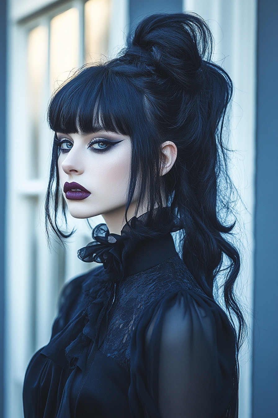 Sleek High Ponytail with Blunt Bangs and Framing Tendrils