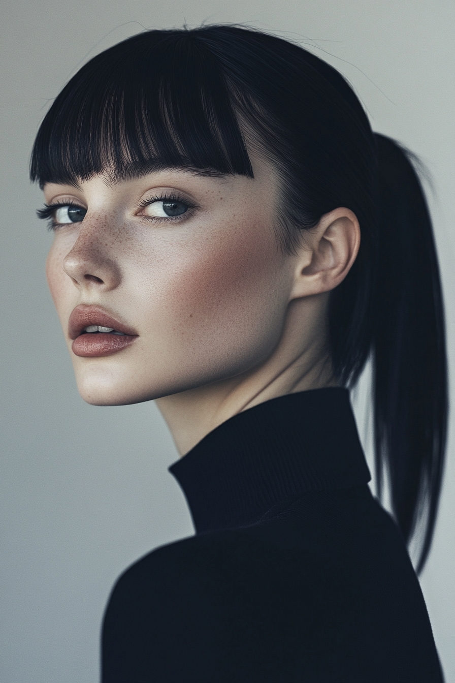Sleek Ponytail with Short Blunt Bangs