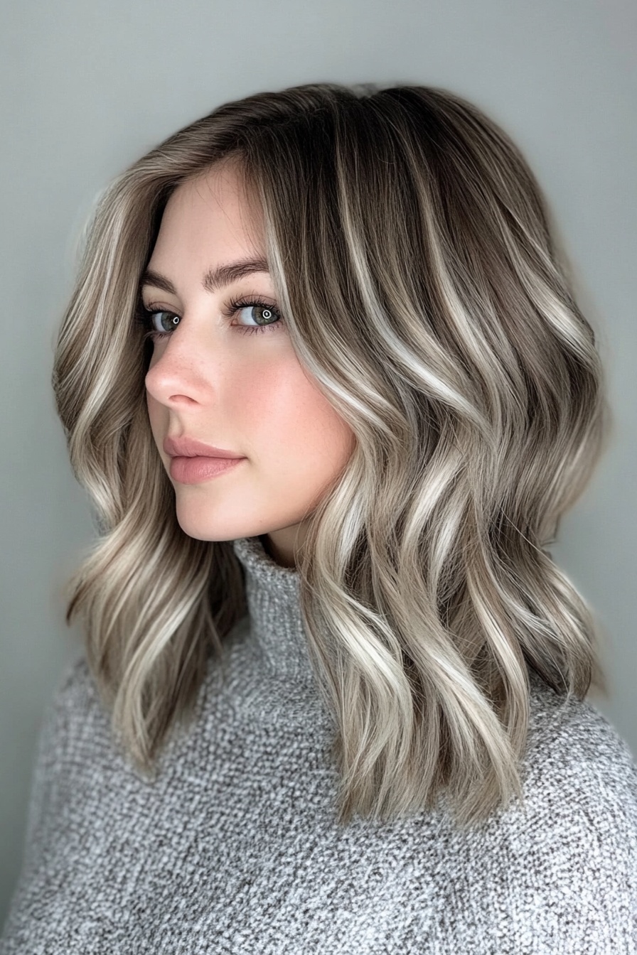 Smoky Ash Blonde Balayage on Wavy Layers