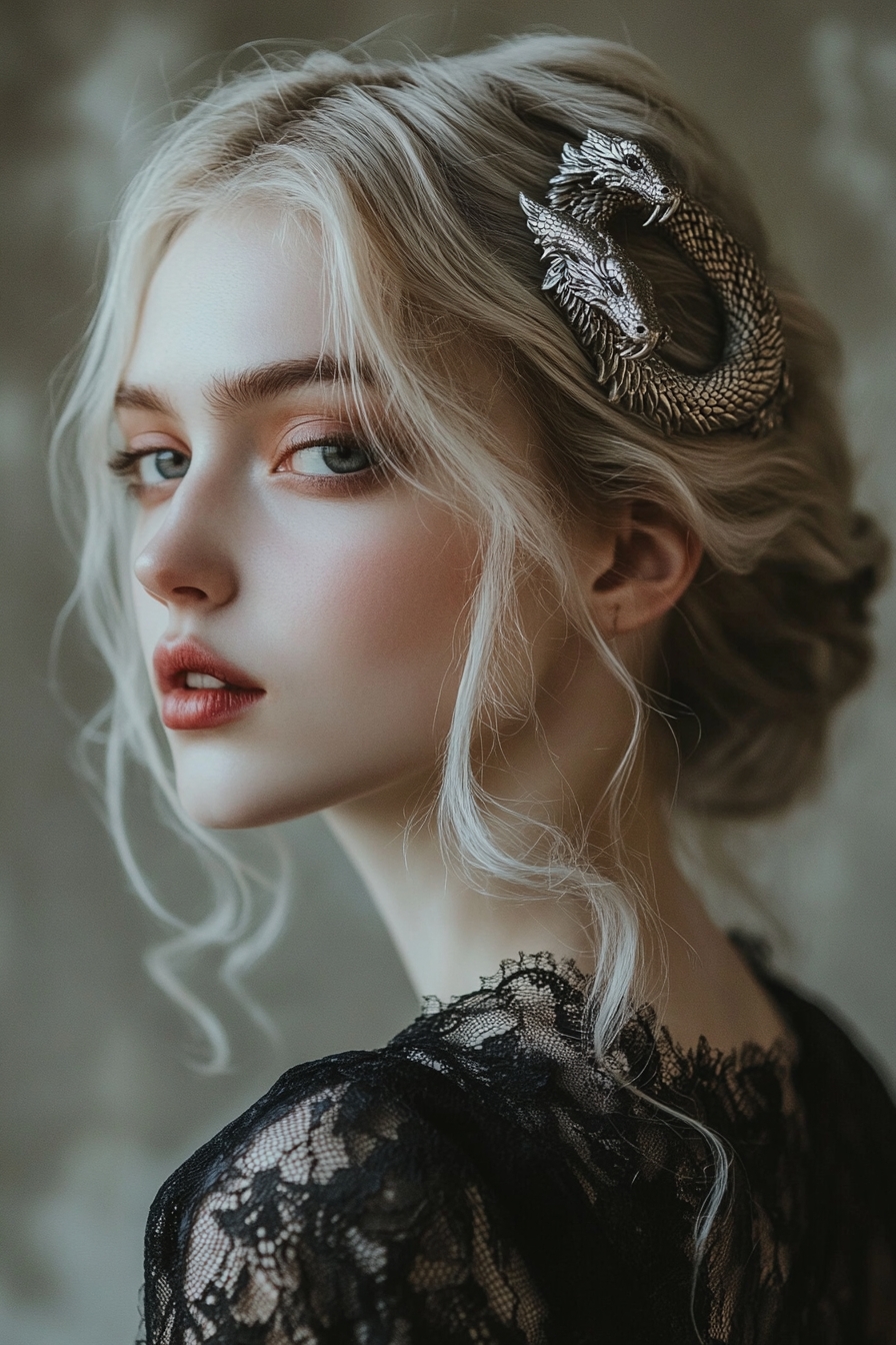 Soft Blonde Low Bun with Silver Serpent