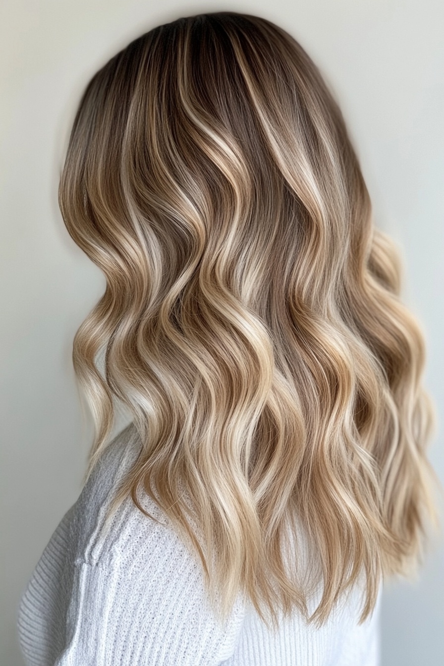 Soft Golden Blonde Balayage on Loose Waves