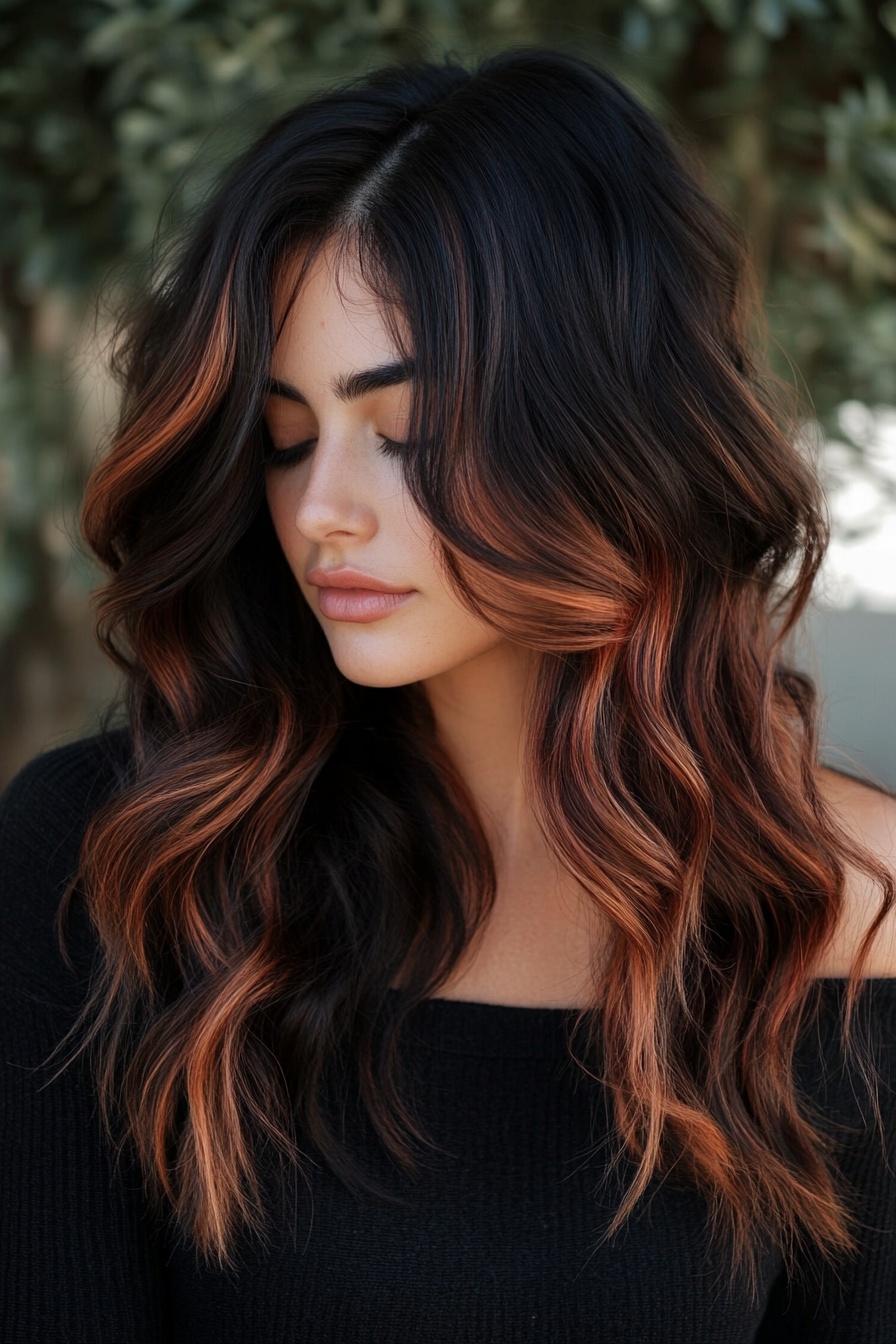 Soft Waves with Copper Brown Balayage