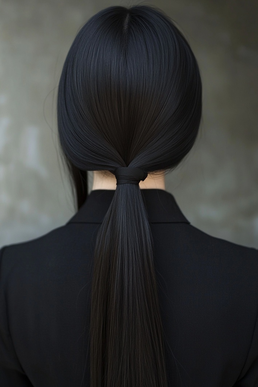 Straight Hair Tied on the Back with Middle Part and Framing Tendrils