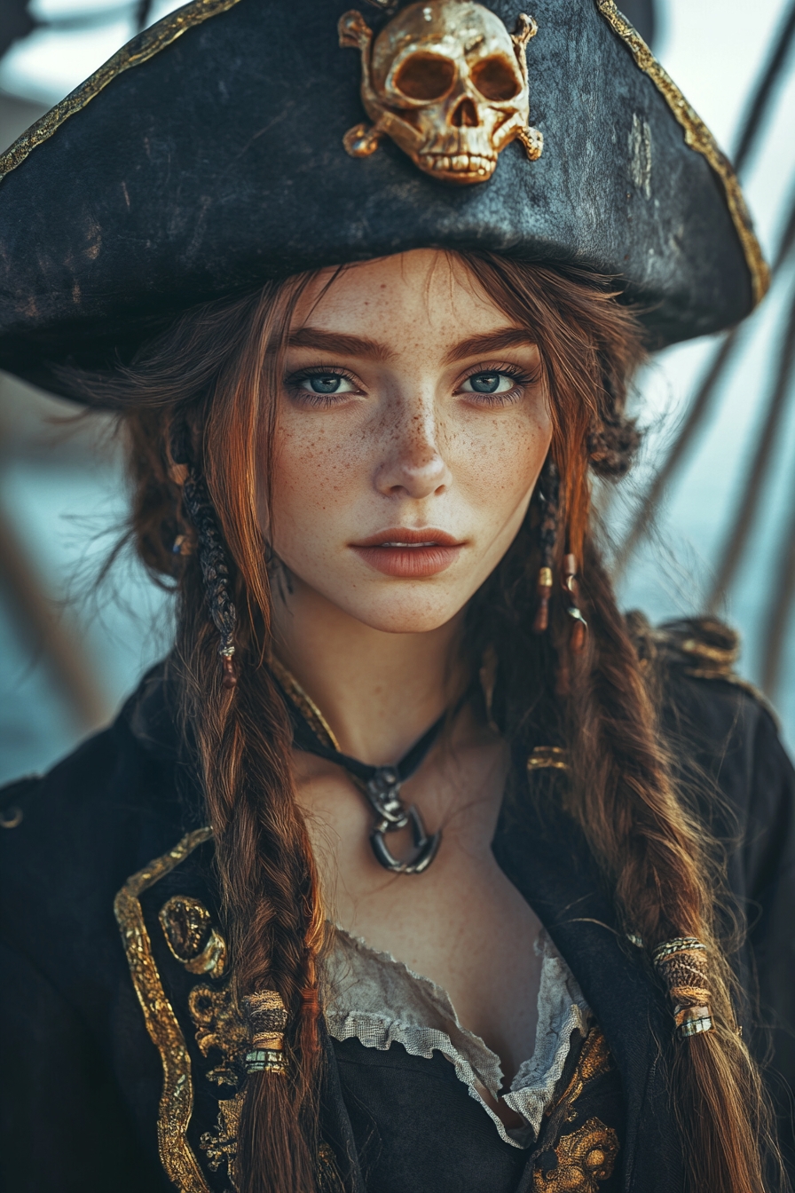 Stylish Long Curtain Bangs with Short Side Braid Topped with a Pirate Hat
