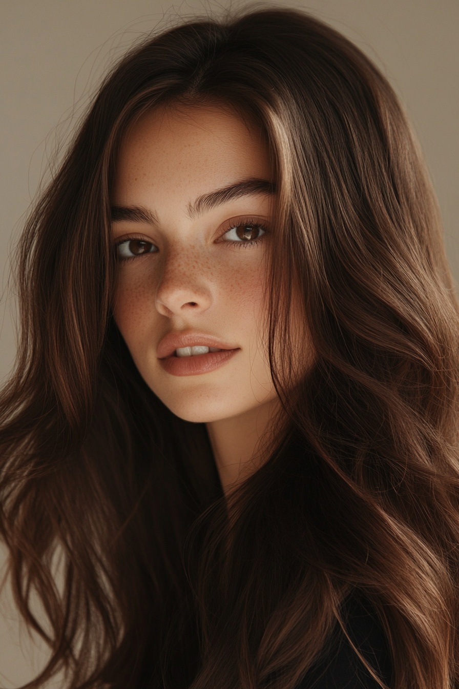 Subtle Dark Caramel Balayage on Long Hair with Glossy Finish